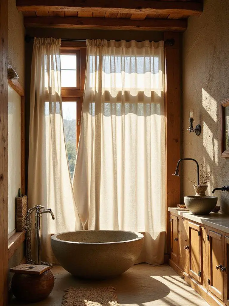 Rustic bathroom with sheer linen curtains maximizing natural light
