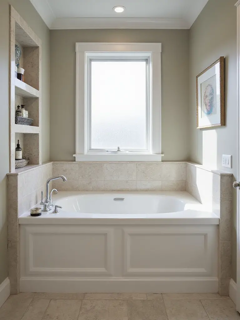 A modern alcove bathtub installed in a stylish bathroom with natural lighting and decorative niches.