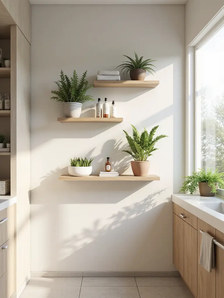 Stylish bathroom with vertical wall storage solutions featuring organized toiletries and decorative plants.