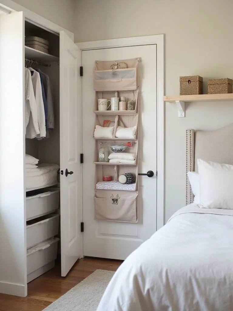 Organized bedroom corner with smart storage solutions including under-bed bins and over-the-door organizers.