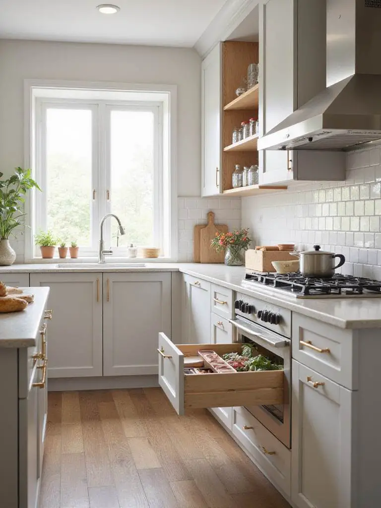 Modern kitchen with smart cabinetry solutions and organizers for efficient storage