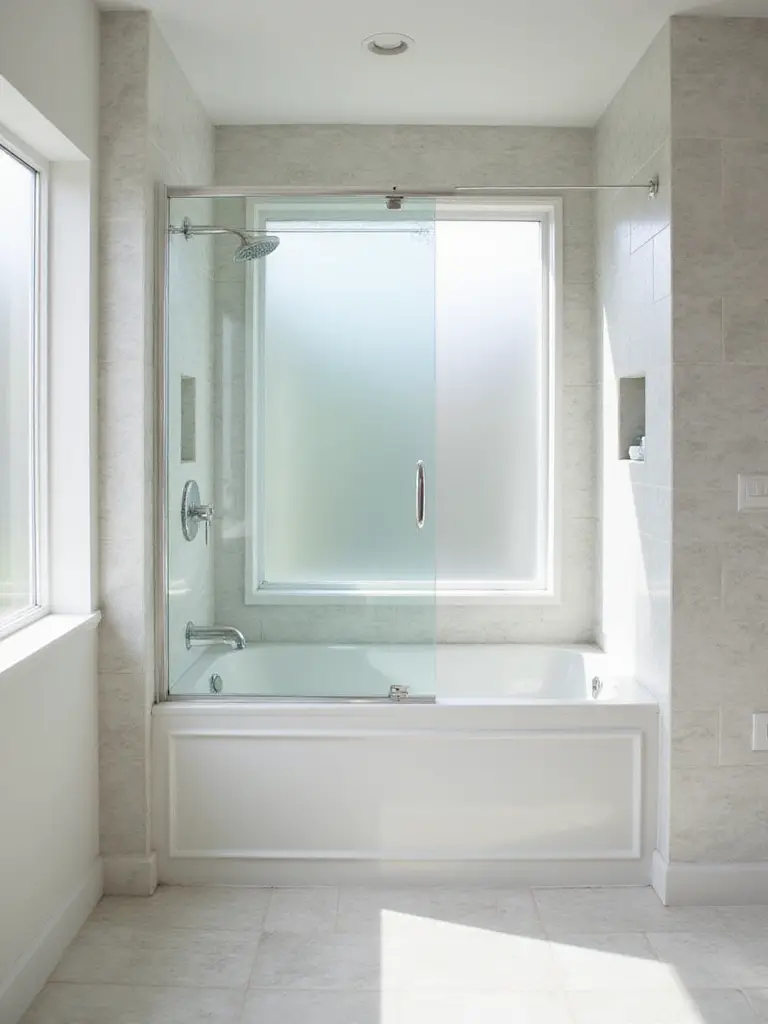 Modern bathroom with a shower/tub combination and clear glass sliding door.