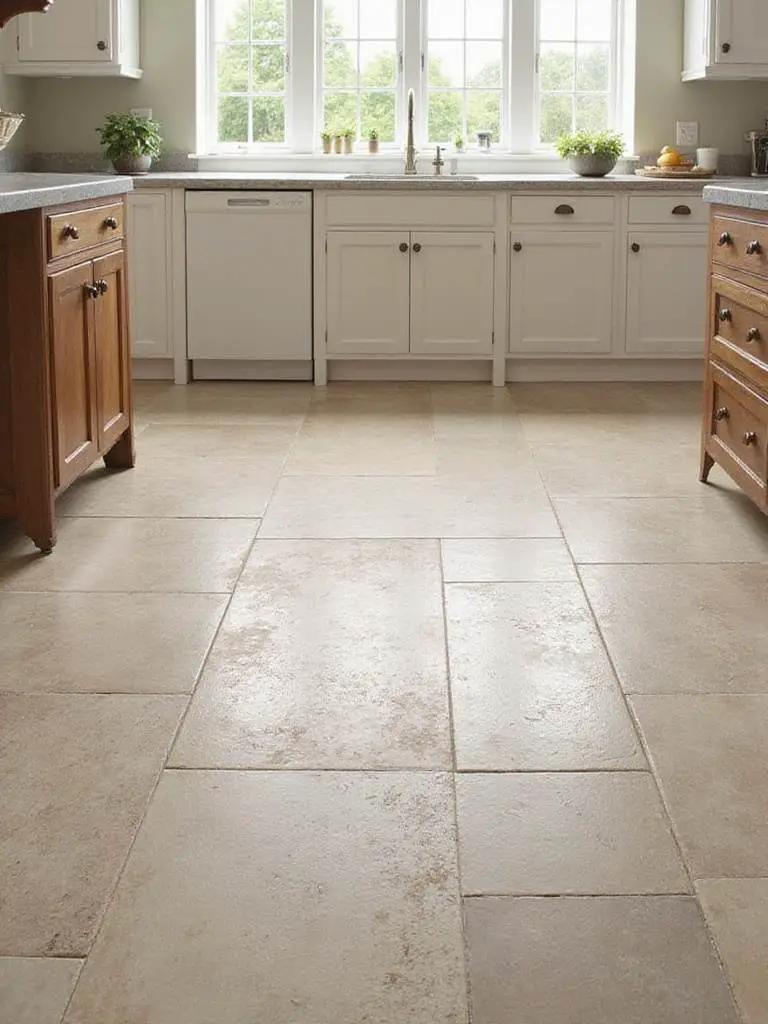 A beautifully designed kitchen floor featuring smart tile choices showcasing a mix of porcelain and ceramic tiles.