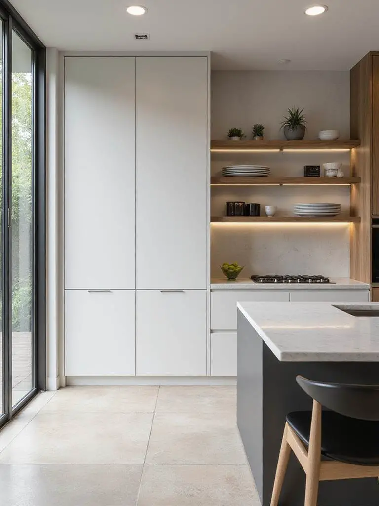Modern kitchen featuring tall cabinetry and floating shelves