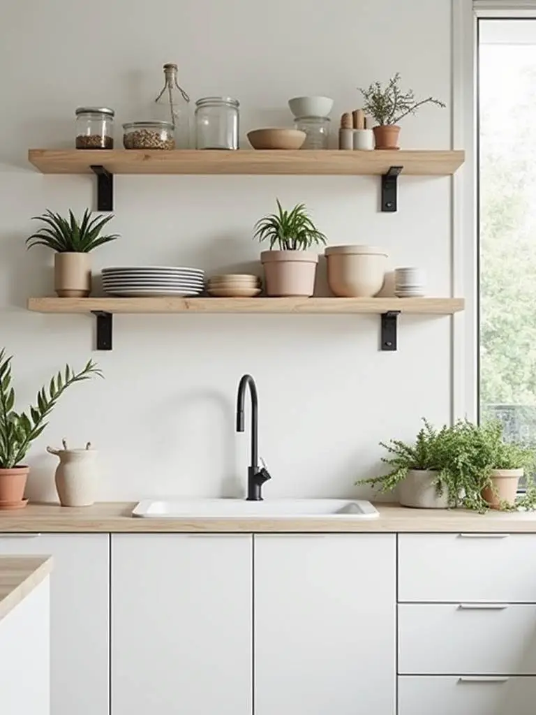 Scandinavian kitchen with open shelving and organized vertical storage solutions.