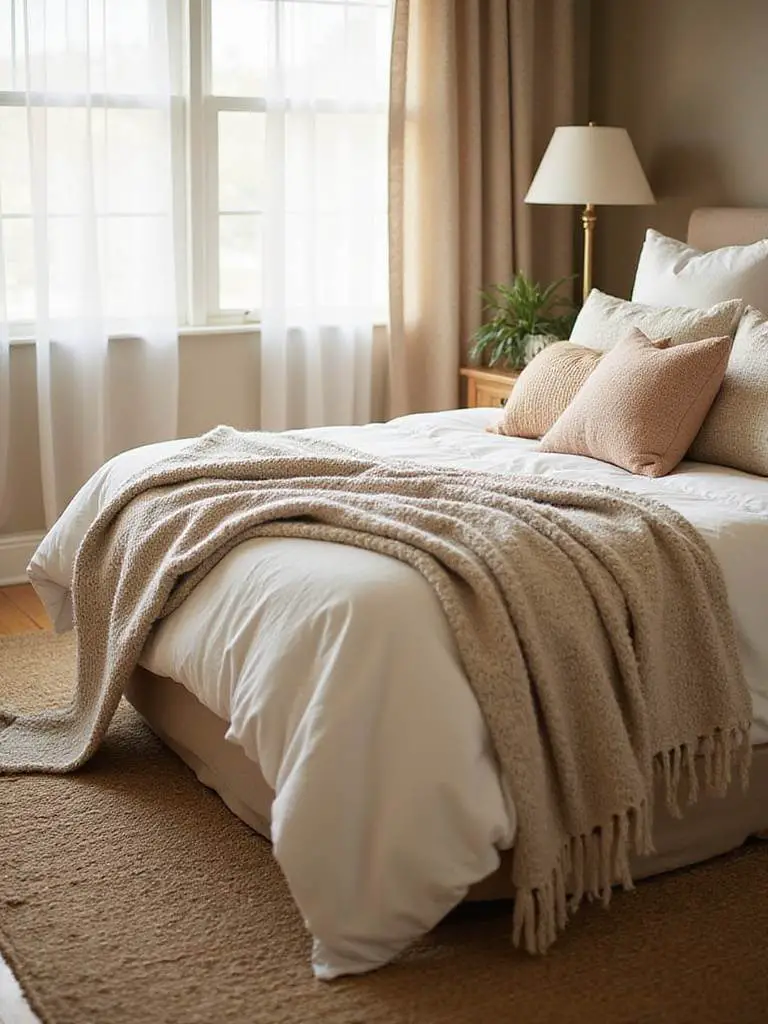 Cozy bedroom with layered textiles including pillows, a chunky knit throw, and a jute rug.
