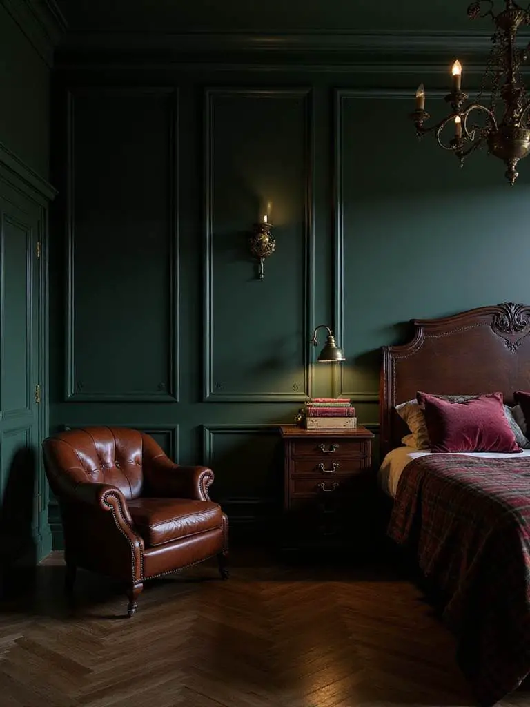 Moody Dark Academia bedroom with rich colors and vintage furnishings