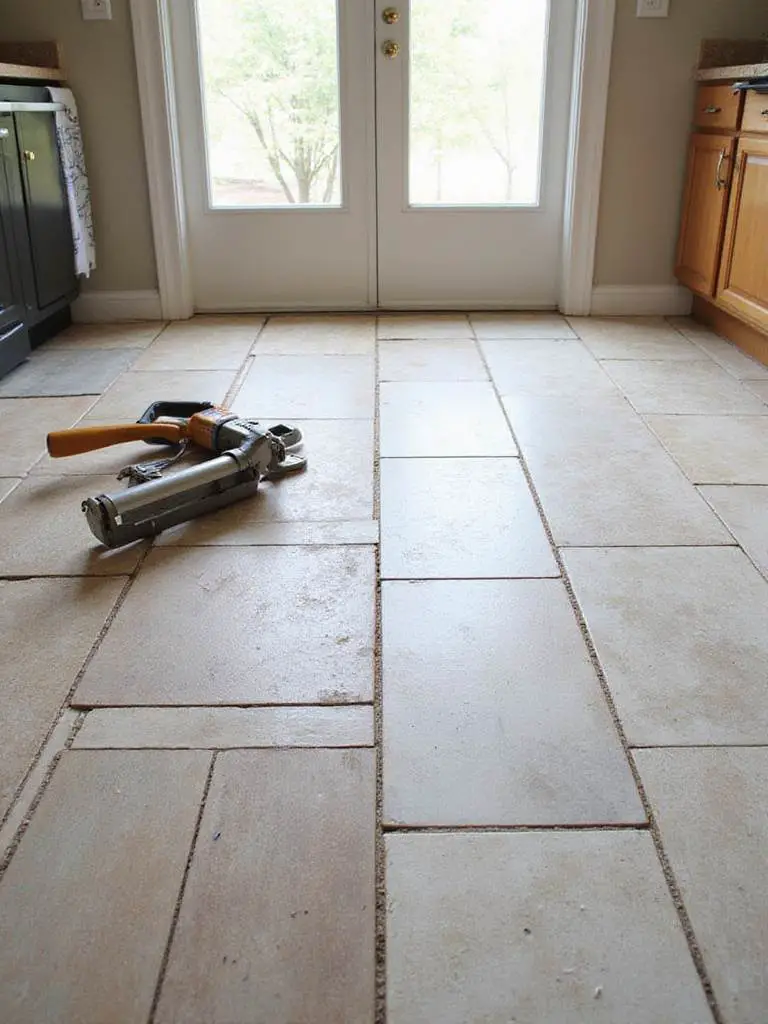Kitchen floor showcasing DIY and professional tile installation side by side, highlighting tools and flawless finish.