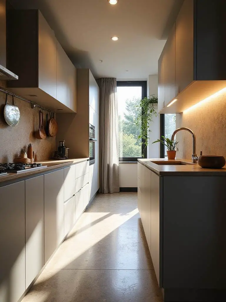 Modern kitchen showcasing an optimized galley layout with integrated appliances and ample storage.