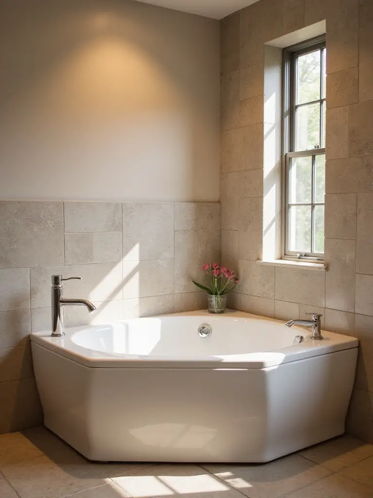 A stylish small bathroom featuring a space-saving corner tub in a modern design.