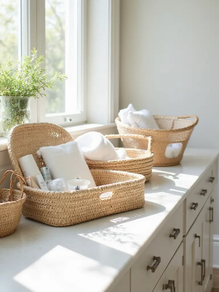 Organized bathroom countertop with woven baskets and trays