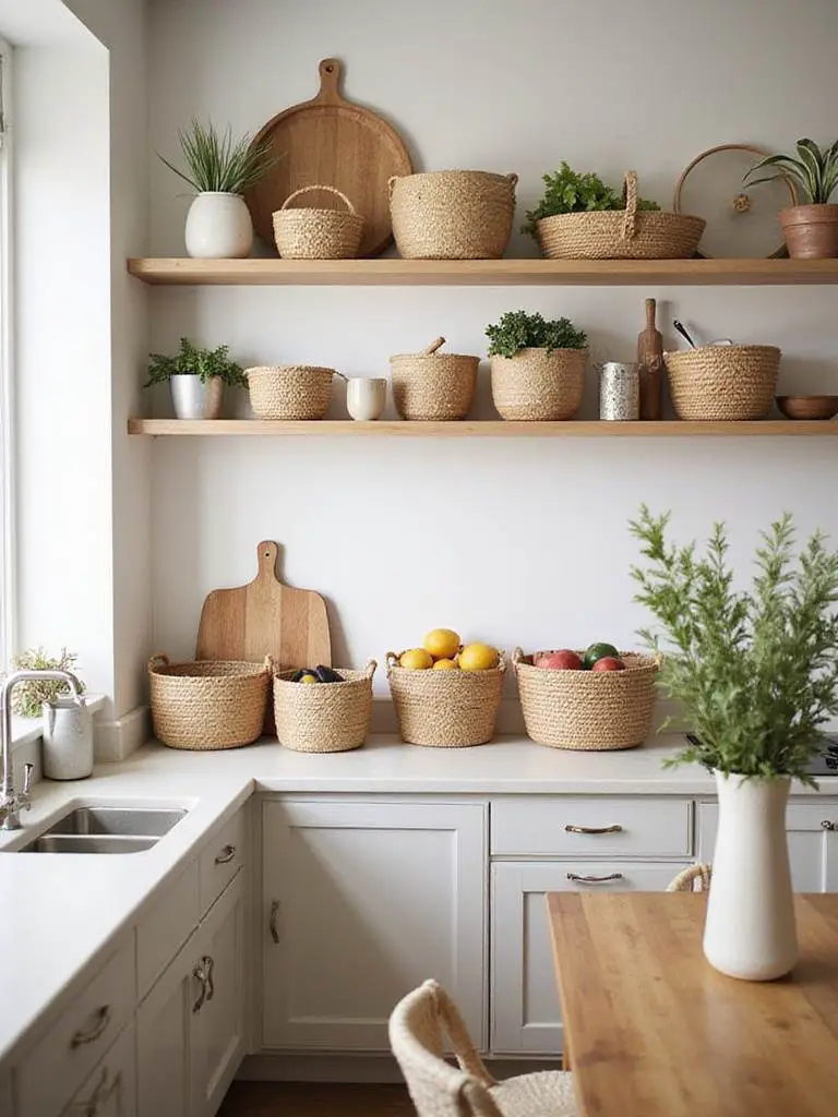 Scandinavian kitchen with woven baskets for stylish storage
