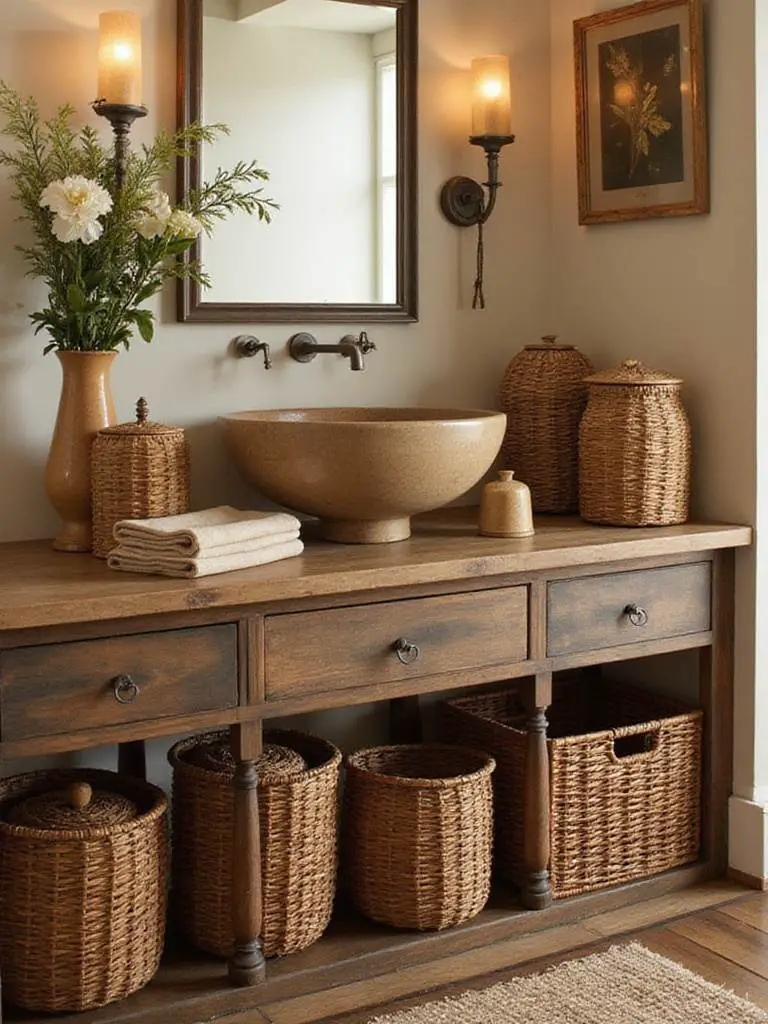 Rustic bathroom showcasing woven baskets for hidden storage.