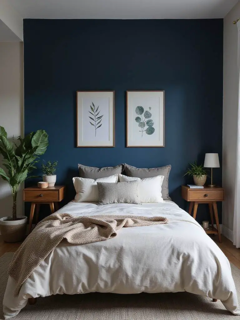 Cozy bedroom with a navy blue accent wall behind a bed, showcasing budget-friendly decor.