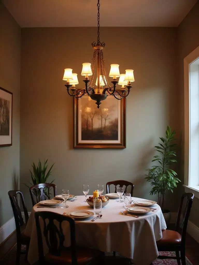 Elegant dining room with chandelier at optimal height for glare-free dining