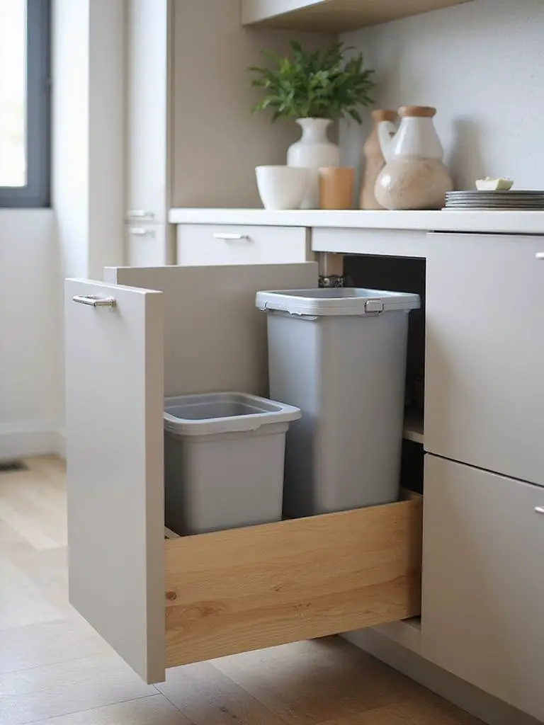 Modern kitchen with integrated waste management and recycling bins