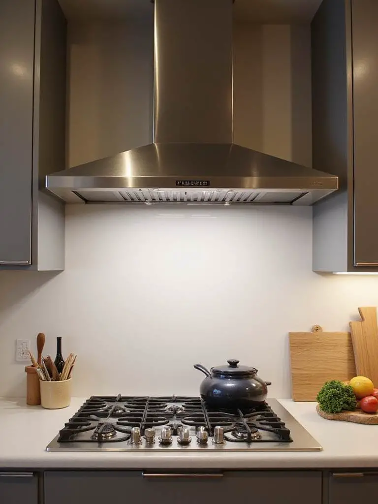 Elegant kitchen featuring a proper range hood above a modern gas stove with warm lighting.