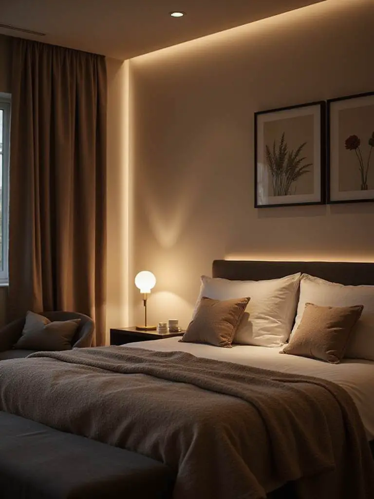 Serene bedroom with mood lighting from dimmable fixtures