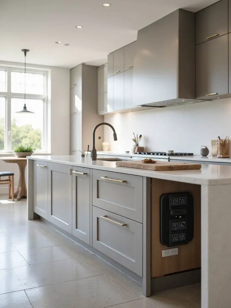 Modern kitchen with smart technology integration and charging stations
