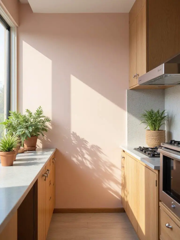 A beautifully painted kitchen wall showcasing low-VOC paint with natural lighting.