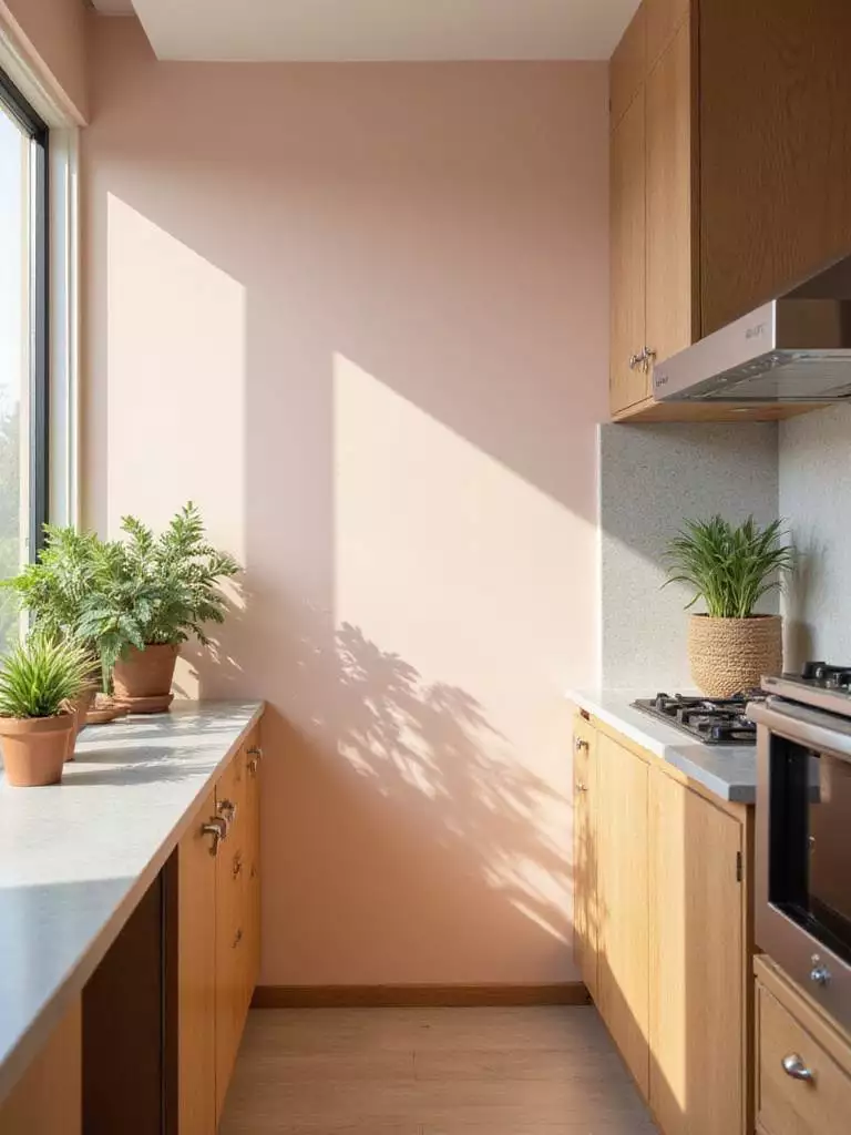 A beautifully painted kitchen wall showcasing low-VOC paint with natural lighting.