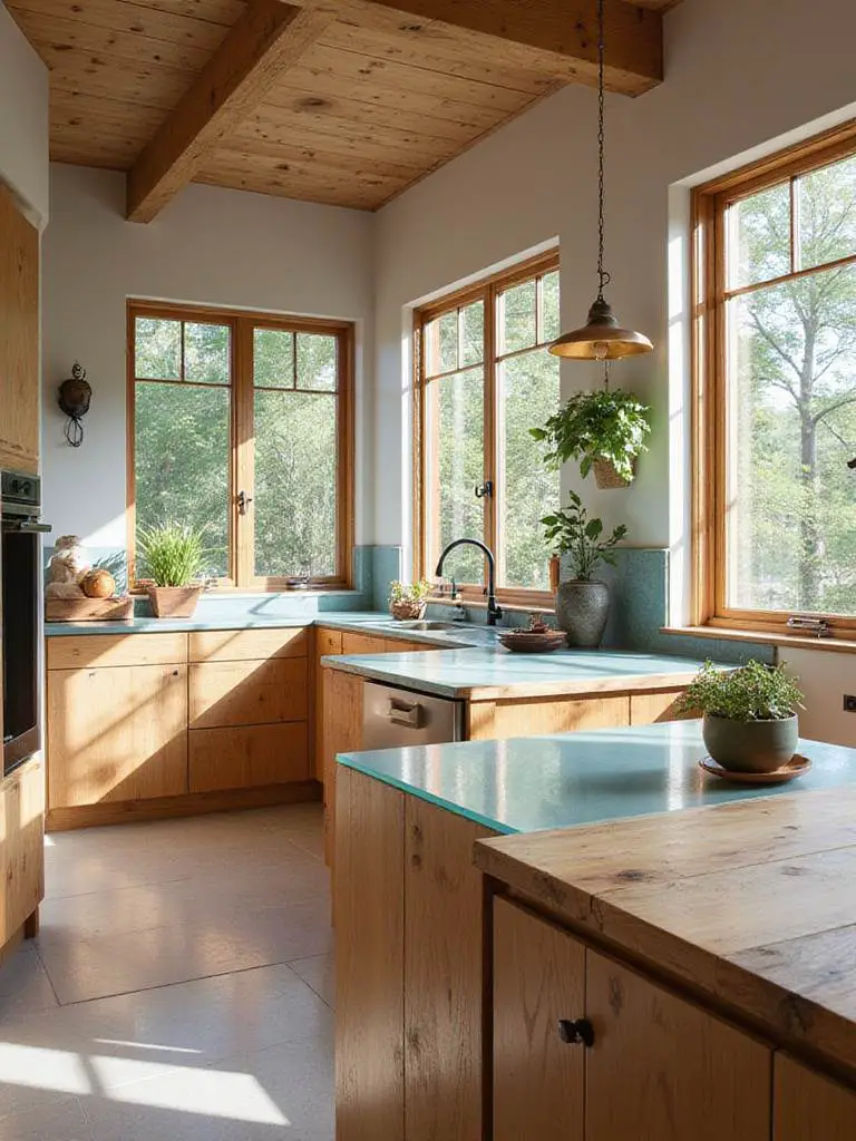 Serene Scandinavian kitchen with eco-friendly wood cabinetry and recycled glass elements