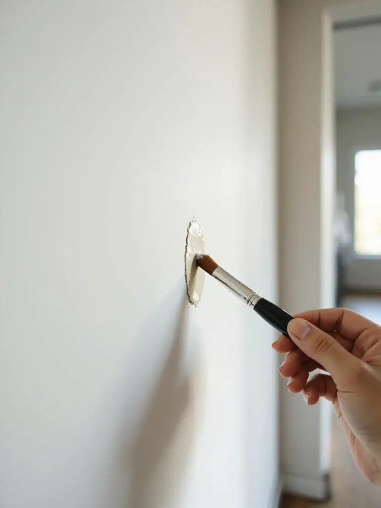 A close-up of a kitchen wall being touched up with paint to address scuffs and scratches.