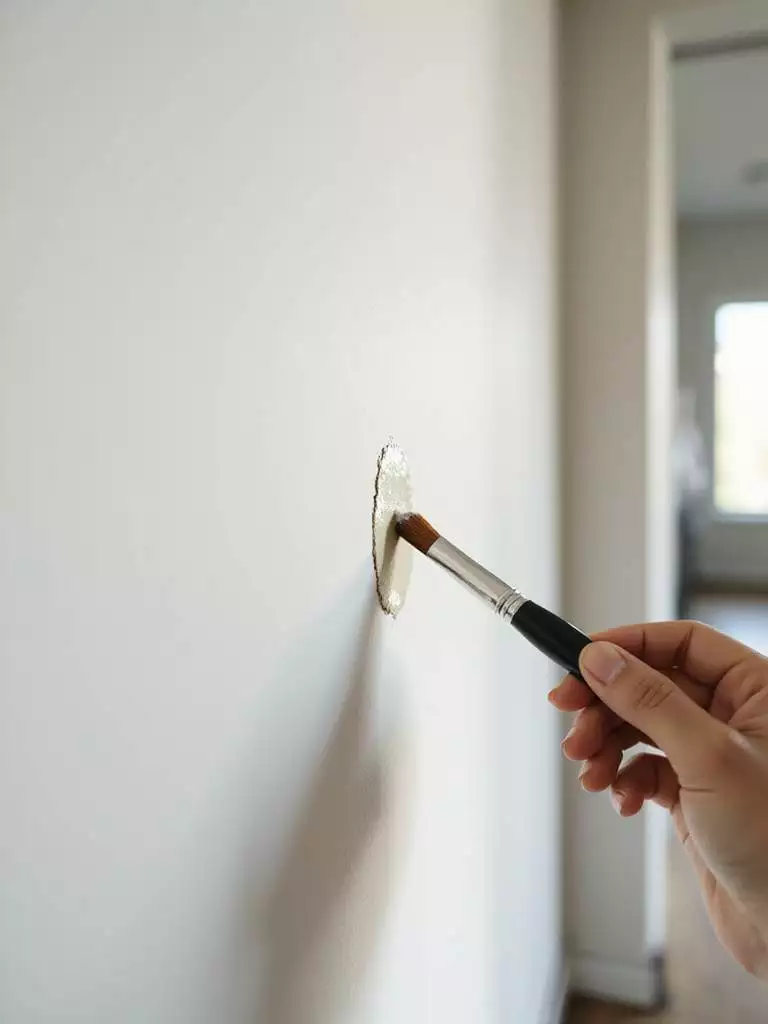 A close-up of a kitchen wall being touched up with paint to address scuffs and scratches.