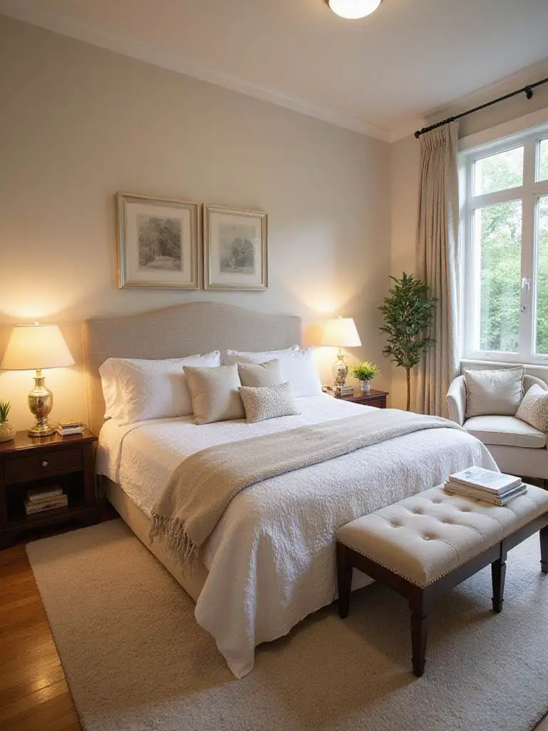 A refreshed bedroom layout with rearranged furniture, showcasing an inviting and spacious atmosphere.