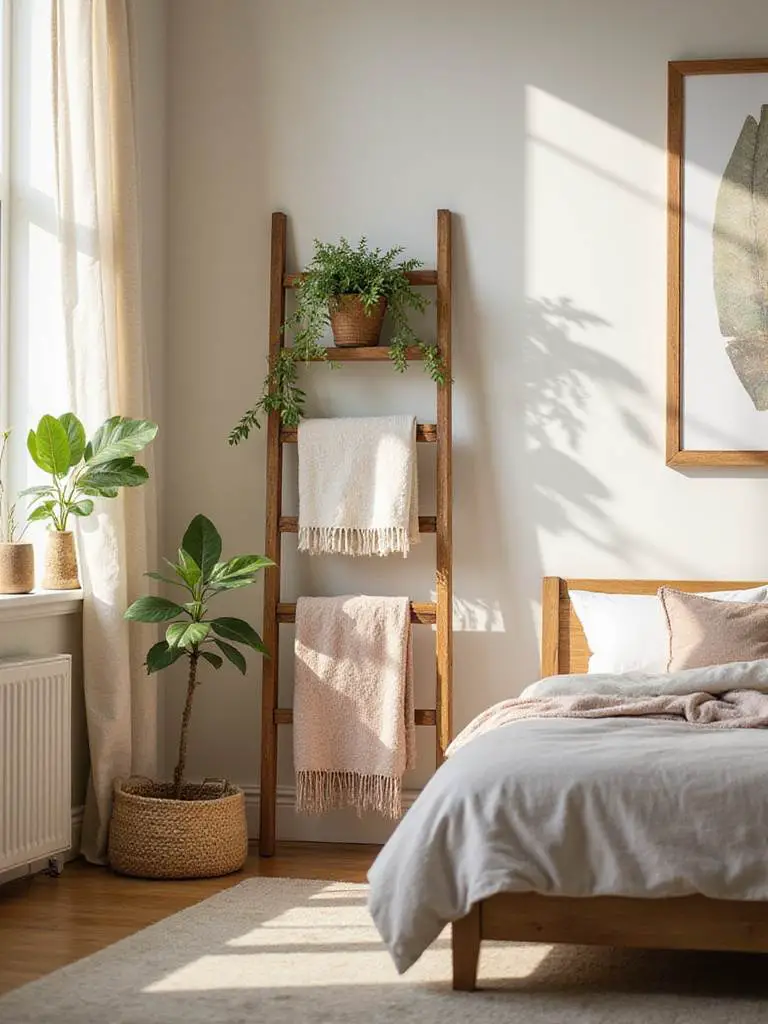 A stylish bedroom featuring a repurposed wooden ladder as decor with throw blankets and plants.