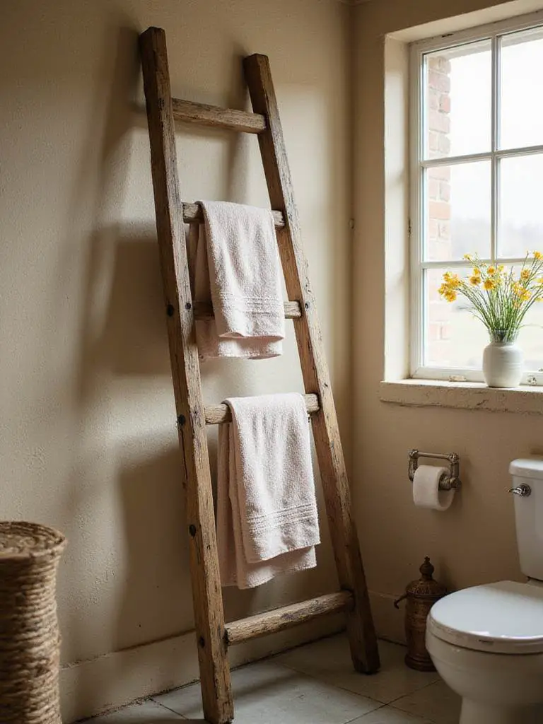 A vintage wooden ladder used as a towel rack in a rustic bathroom setting.