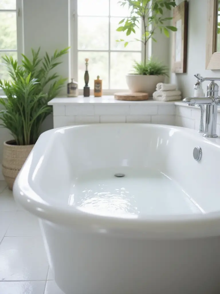 Freshly resurfaced bathtub in a bright, stylish bathroom.