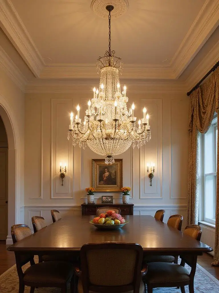 Elegant dining room with a large chandelier and a rectangular dining table, showcasing proper fixture scale for high ceilings.