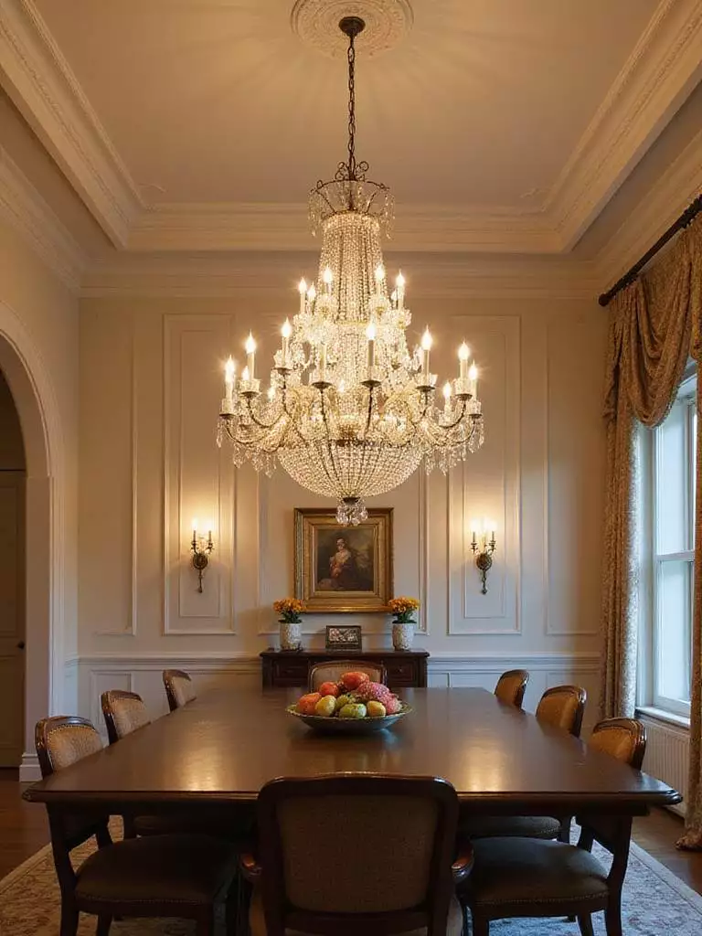 Elegant dining room with a large chandelier and a rectangular dining table, showcasing proper fixture scale for high ceilings.