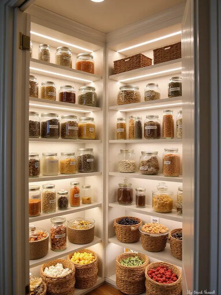 Organized pantry with labeled glass jars and cohesive storage solutions