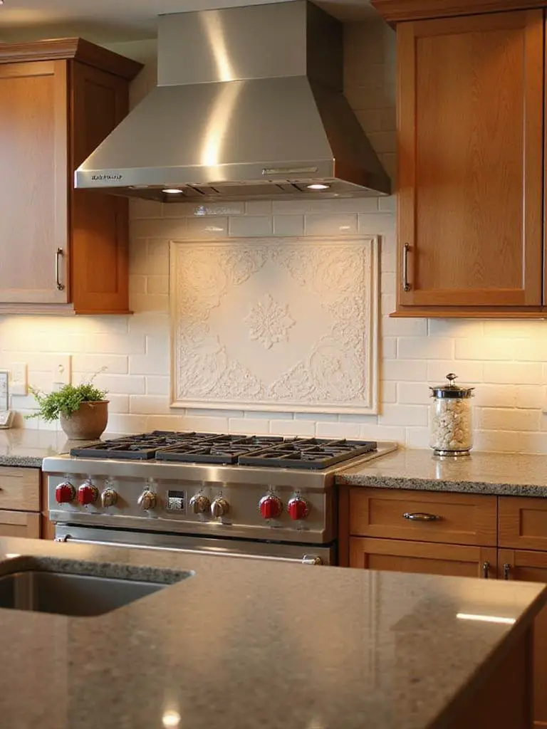 A modern kitchen with a full-height ceramic tile backsplash and wooden cabinets, emphasizing durable wall finishes.