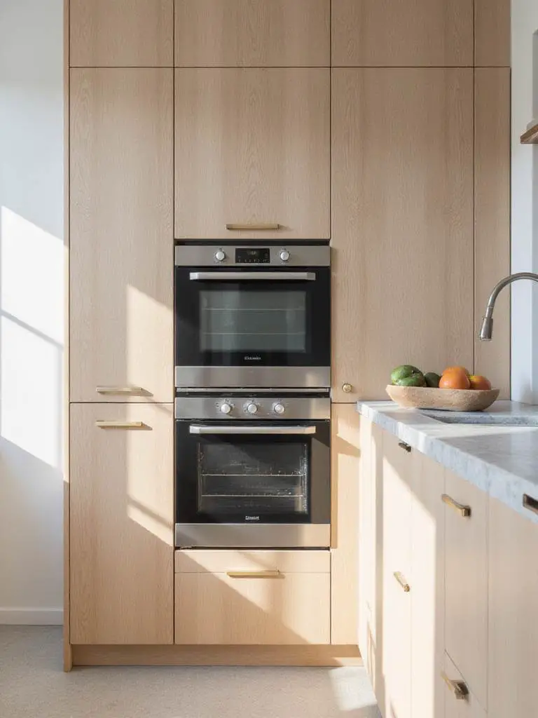 A Scandinavian kitchen with integrated appliances and light wood cabinetry.