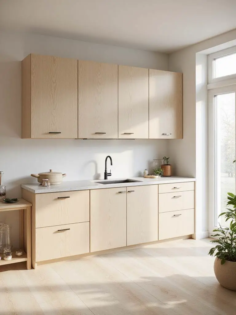 Scandinavian kitchen with pale wood cabinetry made of birch and ash, showcasing simplicity and warmth.