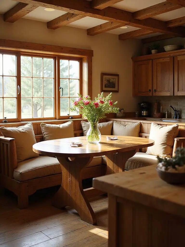 Cozy breakfast nook with built-in benches in a rustic kitchen
