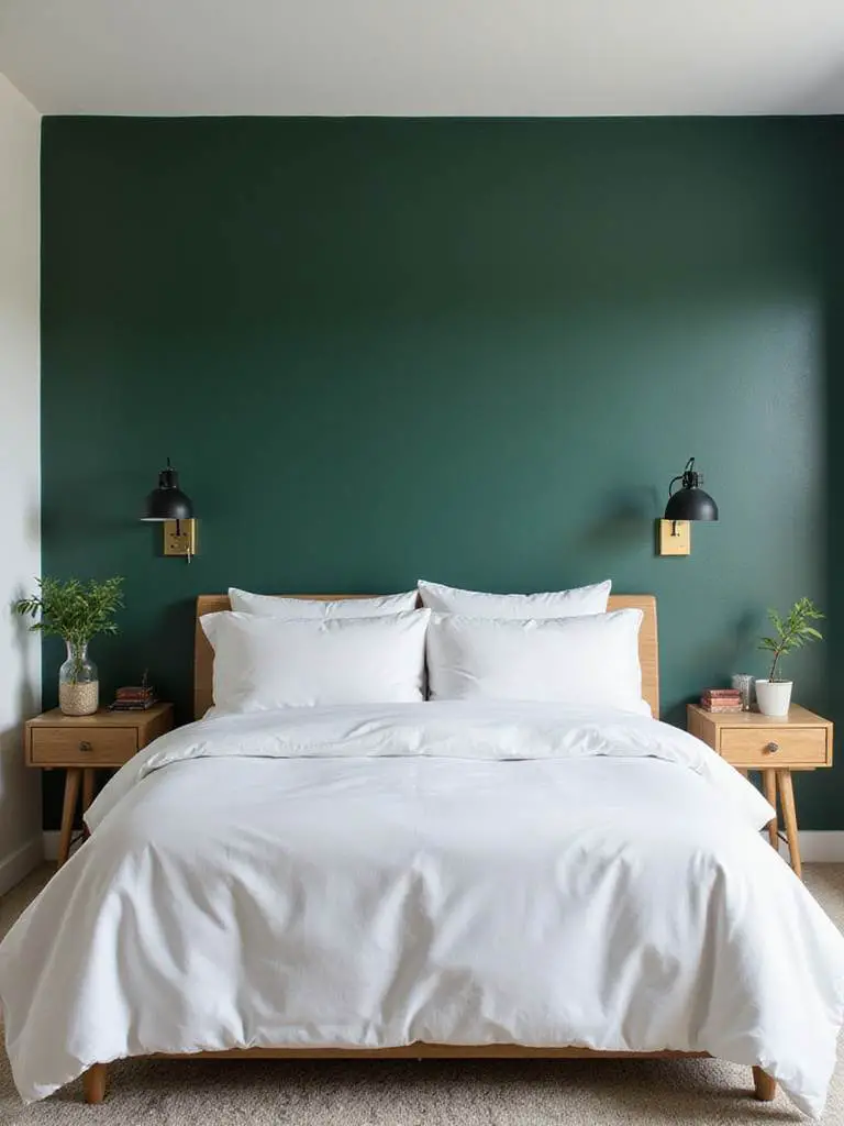 Interior shot of a bedroom featuring a deep forest green accent wall behind the bed with white bedding and natural wood furniture.