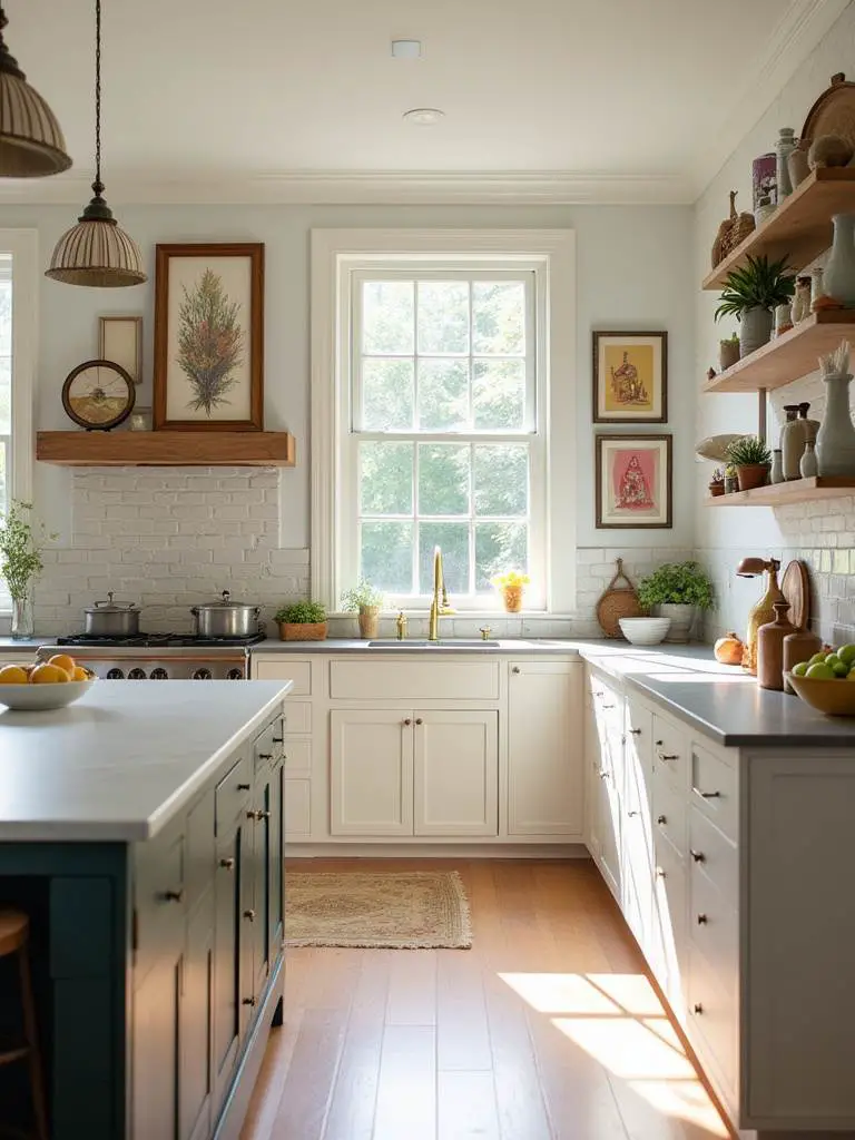 A vibrant kitchen showcasing unique art and wall decor, reflecting personal style.