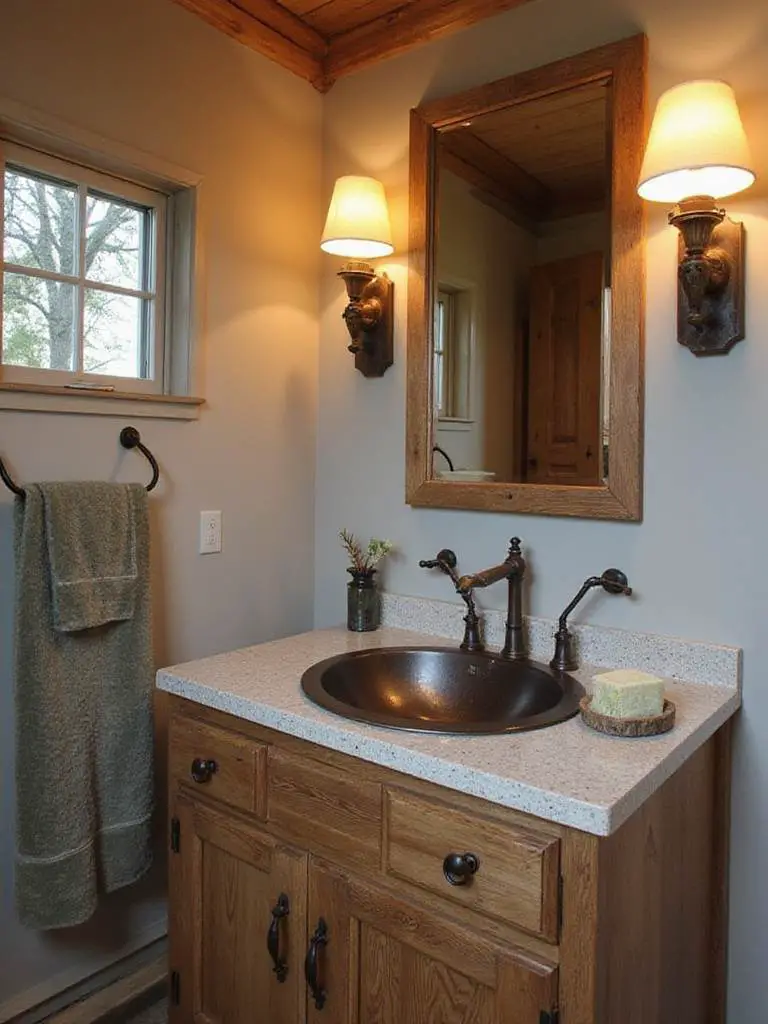 Rustic bathroom with distressed metal fixtures showcasing patina