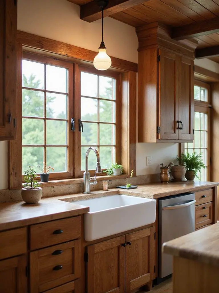 A rustic kitchen featuring a classic farmhouse sink with wooden cabinets and warm lighting.