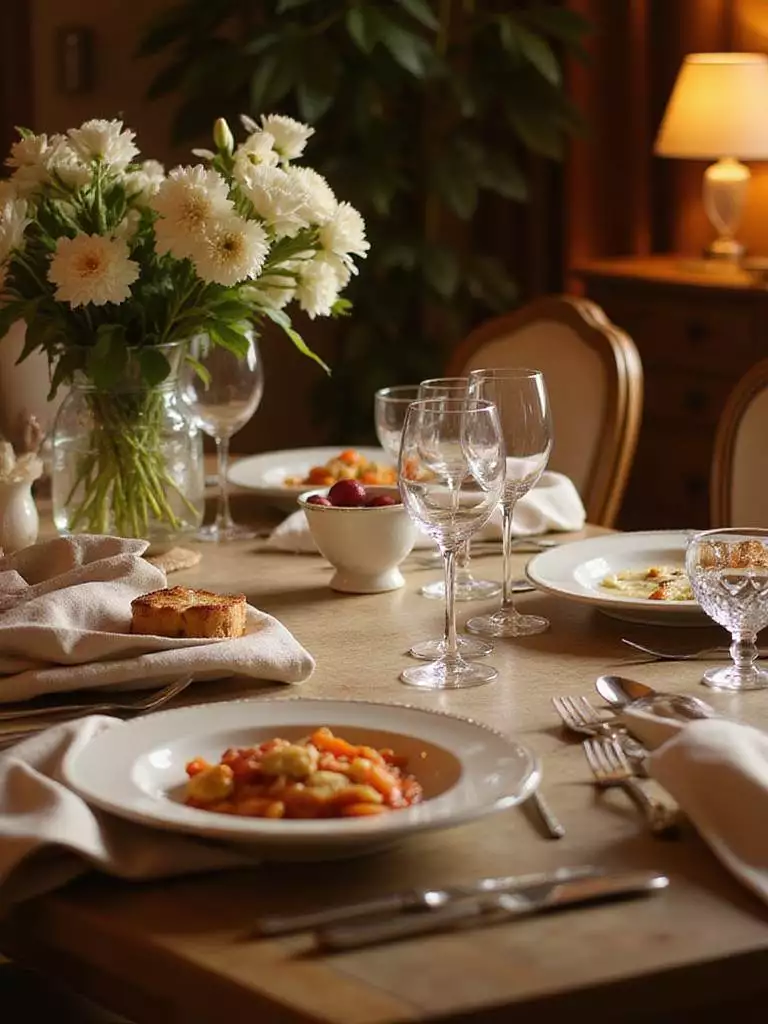 Warm, inviting dining table set with elegant dinnerware and soft lighting