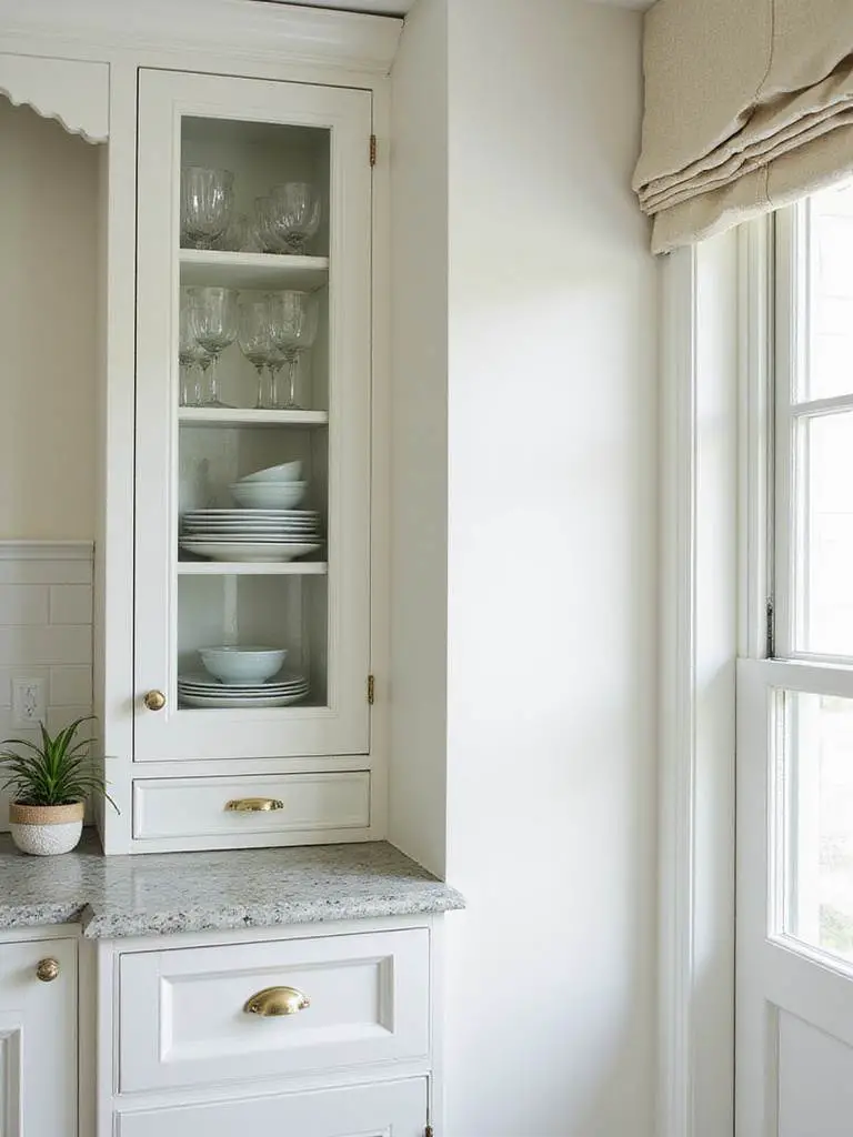 Elegant glass-front cabinets displaying curated dishware in a coastal kitchen setting.