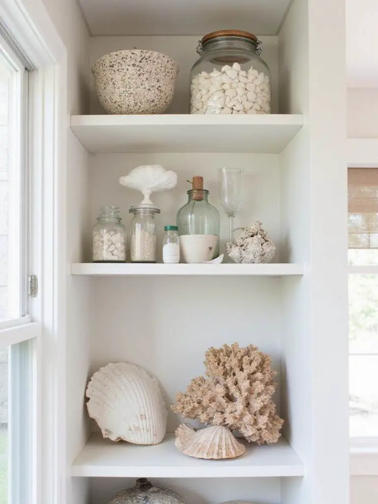 Styled kitchen shelf featuring shells, coral, and glass jars for a coastal decor theme.