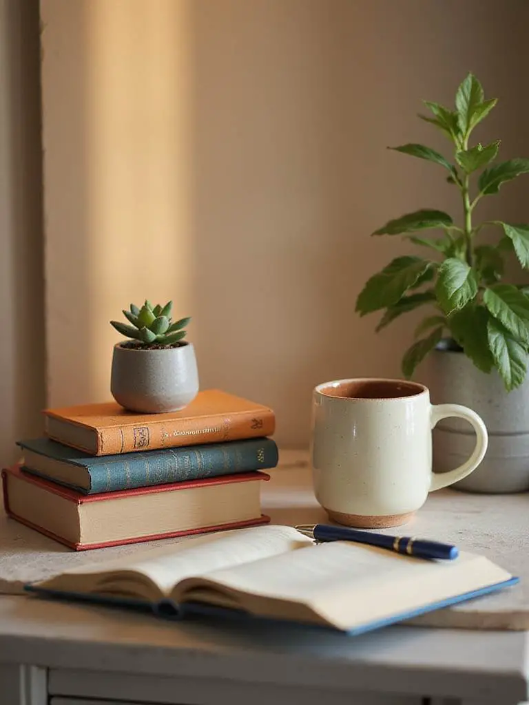 Styled nightstand vignette with books, a succulent, and a ceramic mug