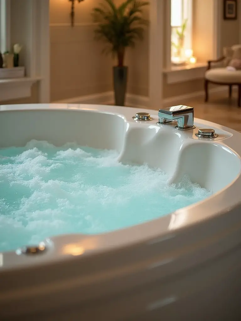 Therapeutic jetted bathtub system in a serene bathroom setting