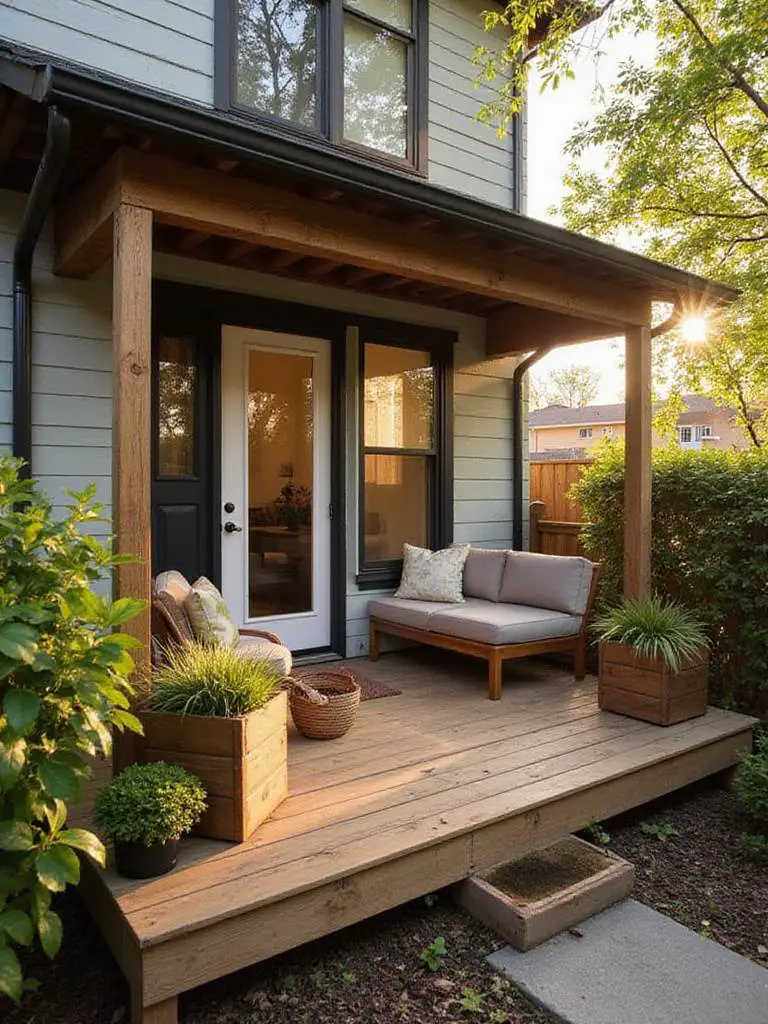 Compact deck porch in a small backyard with built-in seating and planters.