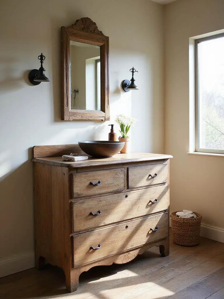 Rustic bathroom with an upcycled dresser vanity, vintage mirror, and vessel sink.